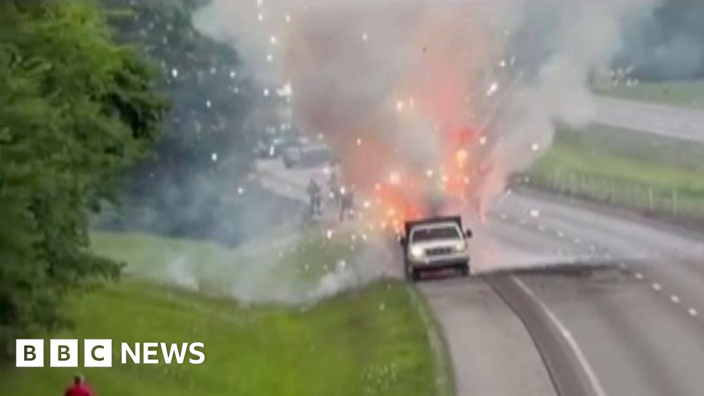 Truck carrying fireworks catches fire, sparks spectacular display